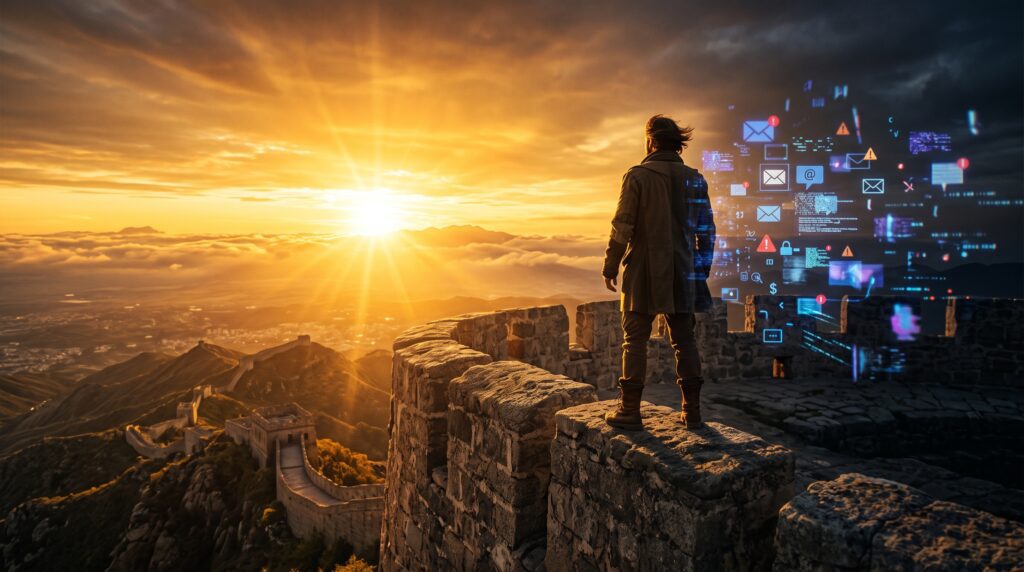 Pessoa sobre uma muralha olhando para o horizonte ao nascer do sol, deixando para trás distrações digitais, representando foco e propósito bíblico.